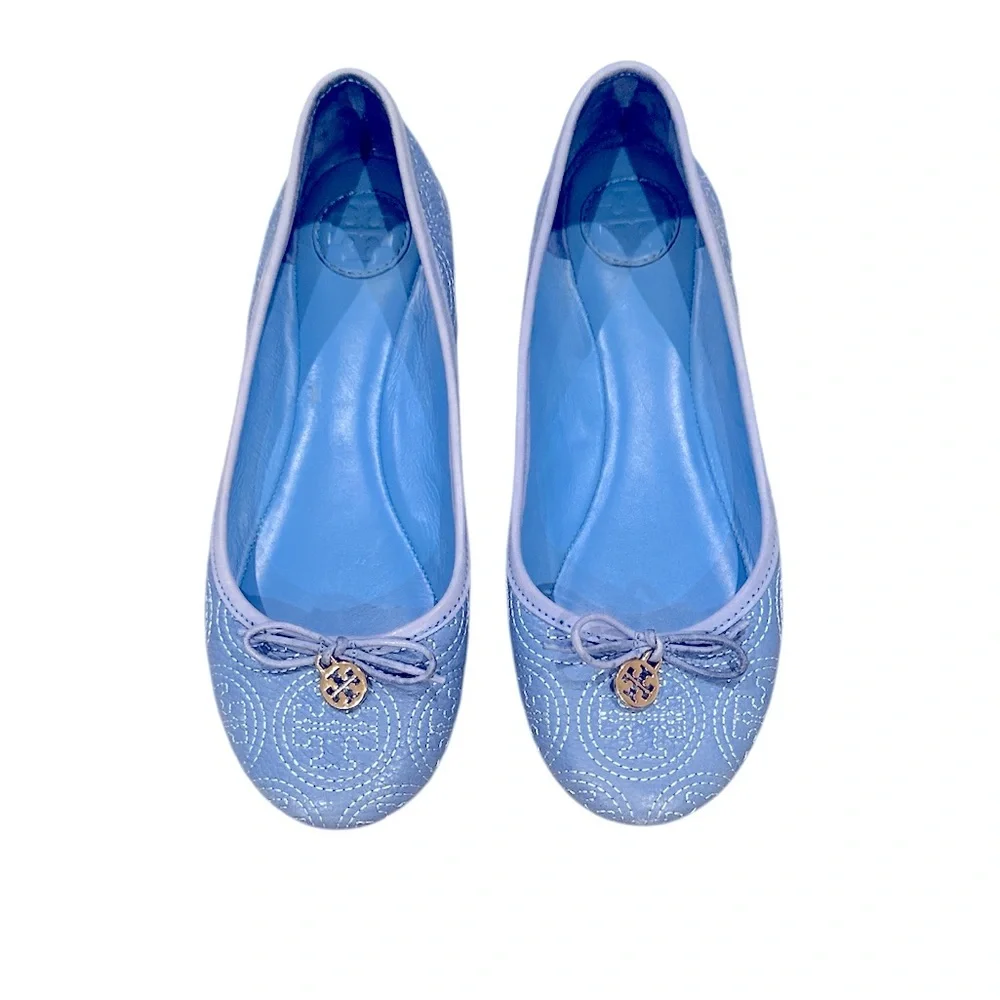 TORY BURCH CHELSEA LIGHT OCEAN BLUE BALLET TOE BOW CHARM ROUND TOE FLATS 7